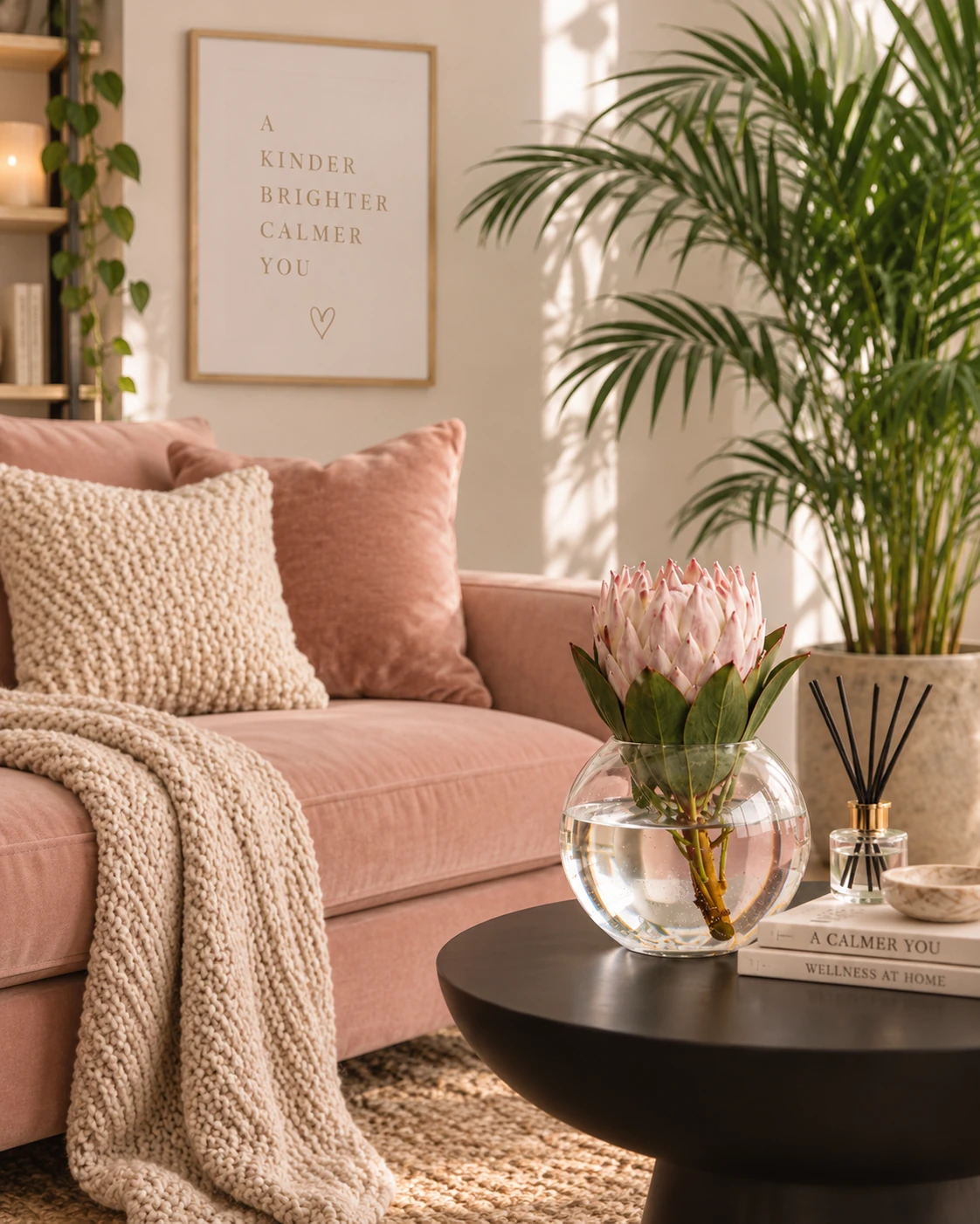 Warm therapy room with a blush sofa, leafy plants, and a protea flower in a vase